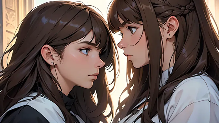 ((best quality)), ((work of art)), ((detailed)), woman, long brown hair with bangs, in profile, sad expression
