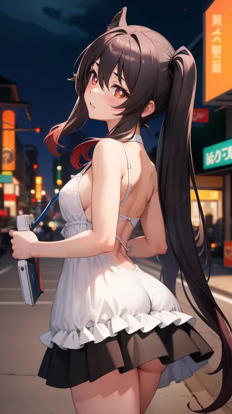 Masterpiece, best quality, Turtle Ear V4, 1 girl, alone, Blush, Twintail, long hair, hair between the eyes, ((Street clothing)), city, outdoor, nighttime, Movie Poster, Very detailed 8K, smooth, high resolution, Special quality, movie light, surrounding oc...