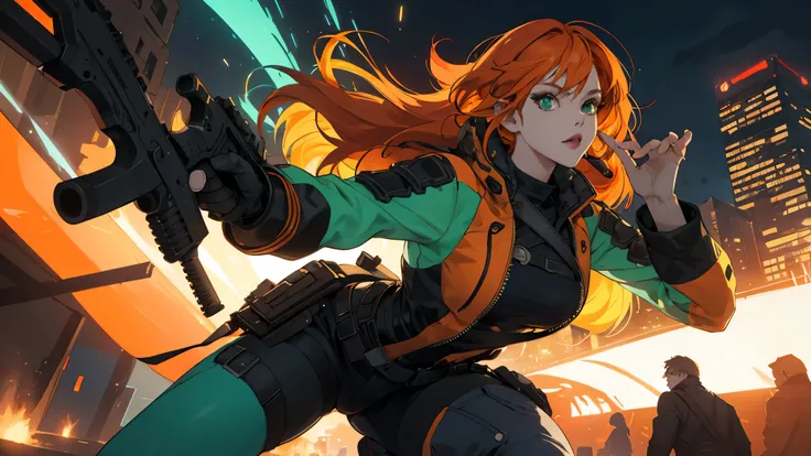 weapons texture and mechanical details elegantly highlighted. Lunas vibrant orange hair catches the neon lights of the city, creating a dynamic contrast against the dark background. Her emerald green eyes are full of intensity, reflecting the citys bright ...