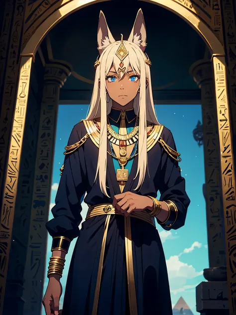 Blaue Augen. Mehr anime. Hübsch. Anubis. Anubisohren. Jackal ears with fur. Teenage boy. Egyptian deity Anubis. Egyptian clothing. long blond hair. Lots of gold jewelry. dark skin. Egyptian. dazzling blue eyes. mystical. divine.