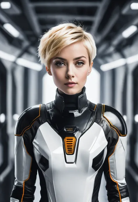 woman in a futuristic black and white space suit, she has short blond pixie hair cut and amber eyes. behind the woman is a solid gray background.