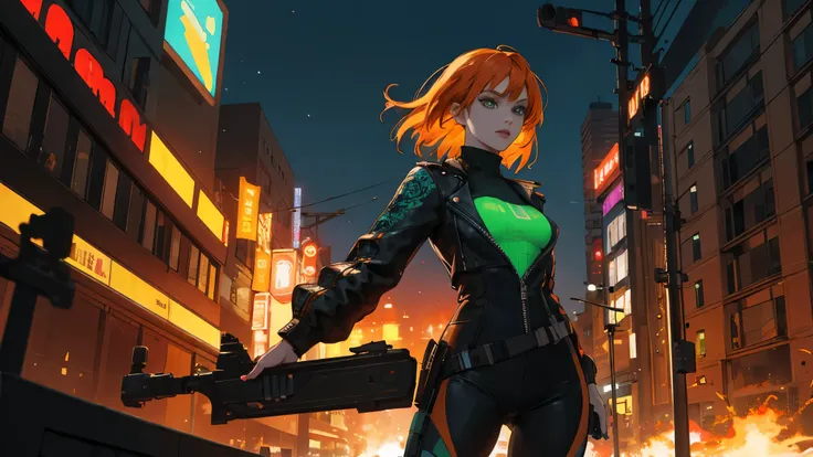 weapons texture and mechanical details elegantly highlighted. Lunas vibrant orange hair catches the neon lights of the city, creating a dynamic contrast against the dark background. Her emerald green eyes are full of intensity, reflecting the citys bright ...