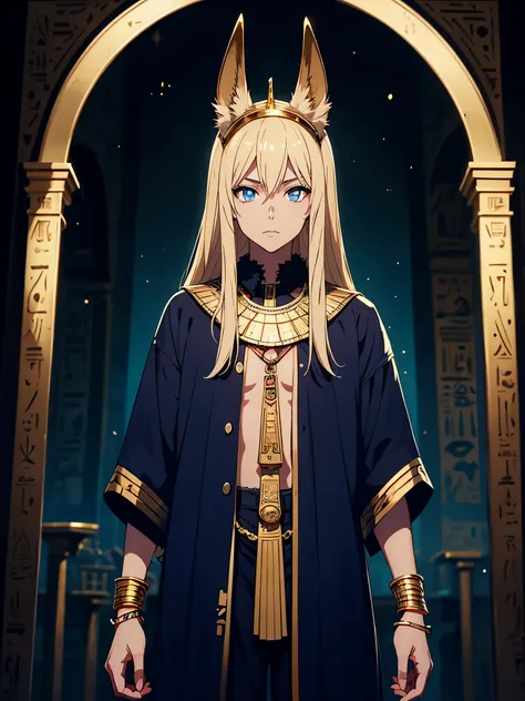 Blaue Augen. Mehr anime. Hübsch. Anubis. Anubisohren. Jackal ears with fur. Teenage boy. Egyptian deity Anubis. Egyptian clothing. long blond hair. Lots of gold jewelry. dark skin. Egyptian. dazzling blue eyes. mystical. divine.