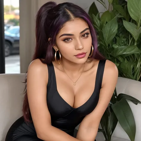 Generate an image of Marina, a 25-year-old modern Indian influencer, in a realistic setting. She is wearing a tight-fitting, sleeveless, black bodycon dress with a scoop neckline that ends above the knee, made of semi-transparent fabric that subtly reveals...