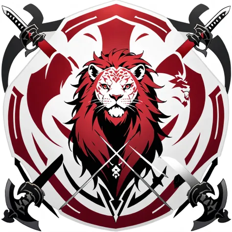 no words, badge, oriental, logo, badge, family crest, a lion-like creature, in red, black and white. Two swords pierce from inside her mouth and come out through her head. The beast displays a menacing look with crossed swords entering its mouth and pierci...