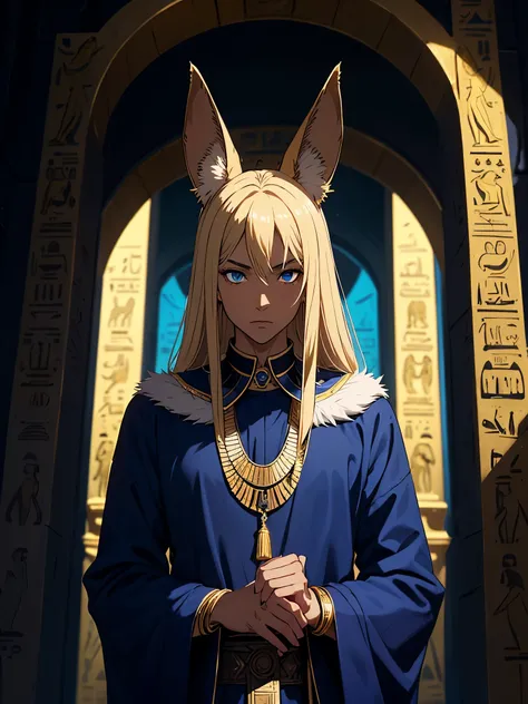 Blaue Augen. Mehr anime. Hübsch. Anubis. Anubisohren. Jackal ears with fur. Teenage boy. Egyptian deity Anubis. Egyptian clothing. long blond hair. Lots of gold jewelry. dark skin. Egyptian. dazzling blue eyes. mystical. divine.