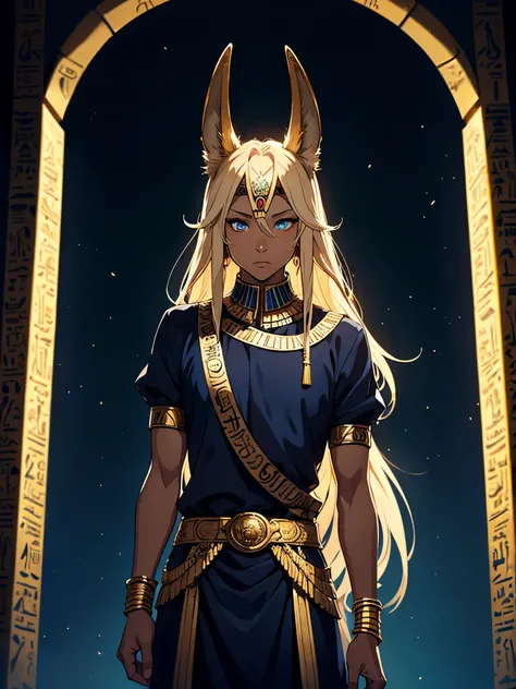 Blaue Augen. Mehr anime. Hübsch. Anubis. Anubisohren. Jackal ears with fur. Teenage boy. Egyptian deity Anubis. Egyptian clothing. long blond hair. Lots of gold jewelry. dark skin. Egyptian. dazzling blue eyes. mystical. divine.