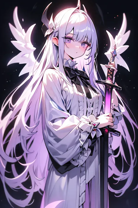 white gothic lolita angel of punishment, long white hair, purple eyes, 4 wings, (((((Holding a long sword))))), mature, slim, tall, (best quality,4K,8K,mackerel,masterpiece:1.2),very detailed,(realistic,photorealistic,photo-realistic:1.37),intricate detail...