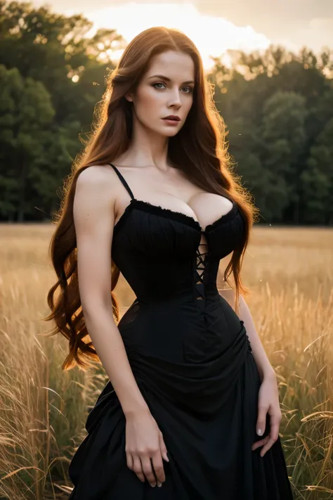 high quality photograph 45 years old, long messy redhead woman, detailed face, (evil expression), clear facial features, expression lines and deep wrinkles. lustful physique, shiny and pale skin, extremely long messy braid hair, mature woman, wearing black...