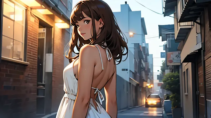 ((best quality)), ((work of art)), ((detailed)), woman, long brown hair with bangs, wearing a white dress with a neckline, open back, leaving her apartment at night
