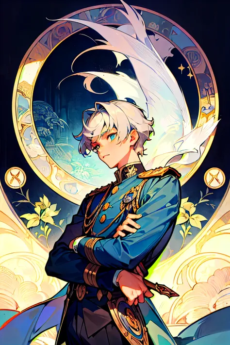 ((Highest quality)), ((masterpiece)), (detailed), 1 male, Adult, (Tarot),Symbolism,Visual Arts,occult,universal,Vision Casting,philosophical,Iconography,Number secrets,Popularity,Artistic, Alphonse Mucha, Silver Hair,Beautiful young man,（Short hair that is...