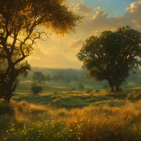 arafed view of a field with trees and bushes in the foreground, a matte painting by Carl Rahl, flickr, tonalism, intricate foreground, dramatic warm morning light, dramatic cold light, beautifully lit landscape, warm beautiful scene, extremely beautiful an...