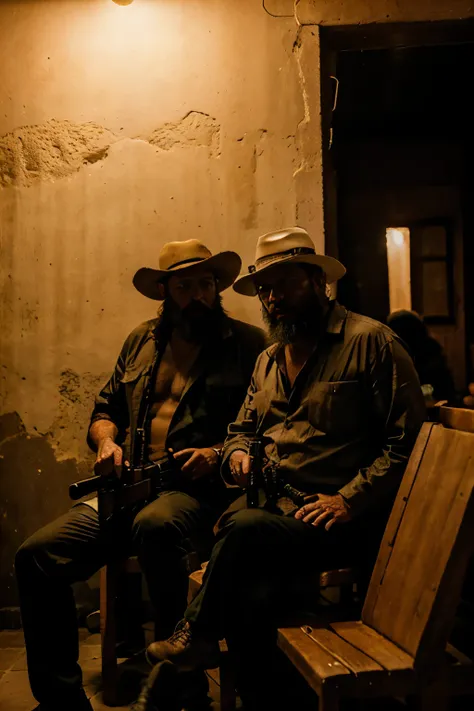 three bearded man in his 50s wearing palm hat with a shotgun in a town in hidalgo, mexico. sitting in a cantina with several fri...