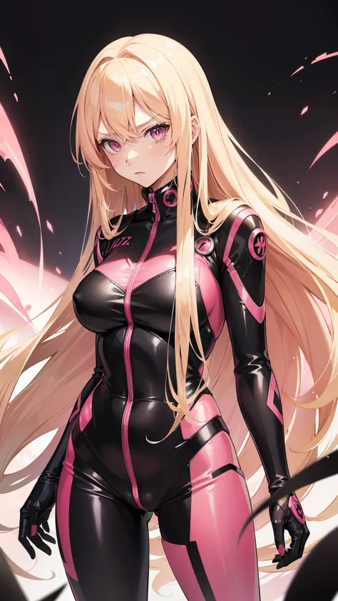 (((Adult woman))), long blonde hair, (Pink eyes), (pink-black plugsuit), furious