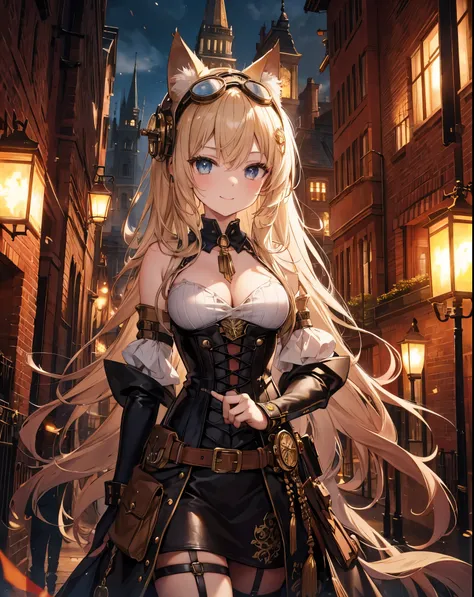 Masterpiece, A stunning anime girl with cat ears and tail, dressed in elaborate steampunk attire with leather and gear details, stands in a bustling fantasy steampunk city. She wears aviator goggles on her head, a loose corset with intricate designs, bare ...