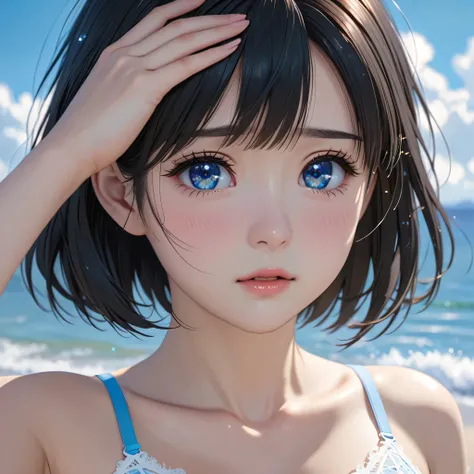 National Science Foundation,masterpiece,High resolution,8K,Art,digit,Three-dimensional,Realism,Kyoto Animation Style,your name movie style,cute,baby face,looking into camera,On the scenic seaside,(1 girl: 1.3),(alone: 1.4),(Gorgeous sparkling white lace tr...