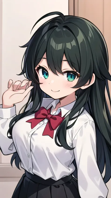 Junior high school student who looks like an elementary school student, 14 years old, very short, 140 cm tall, black hair with a slight green tinge, short ahoge, beautiful long hair but with a little hair sticking out, beautiful round eyes, blue eyes, smil...