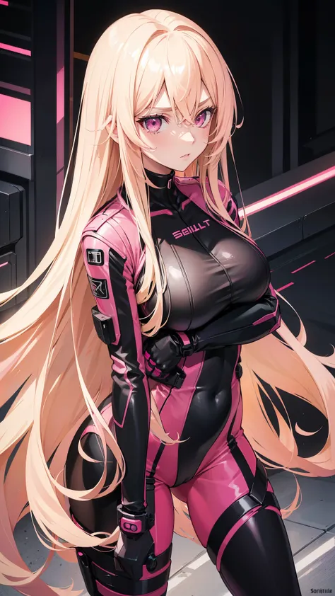 (((Adult woman))), long blonde hair, (Pink eyes), (pink-black plugsuit), furious