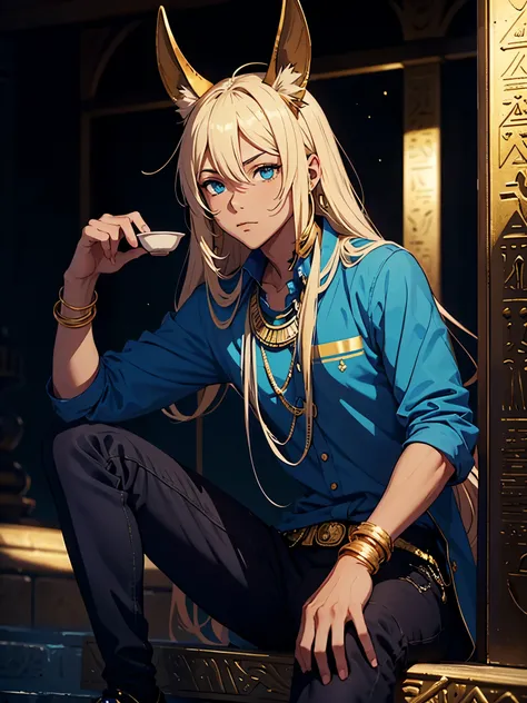 More anime style. cutie pie. アニメ! Teenage boy. Egyptian deity Anubis. Egyptian blue clothing. Blue clothes.  long blond hair. Lots of gold jewelry. dark skin. Egyptian. dazzling blue eyes. mystical. divine.