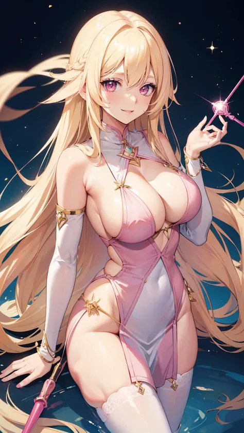 (((Adult woman))), long blonde hair, (Pink eyes), smile, magical wand