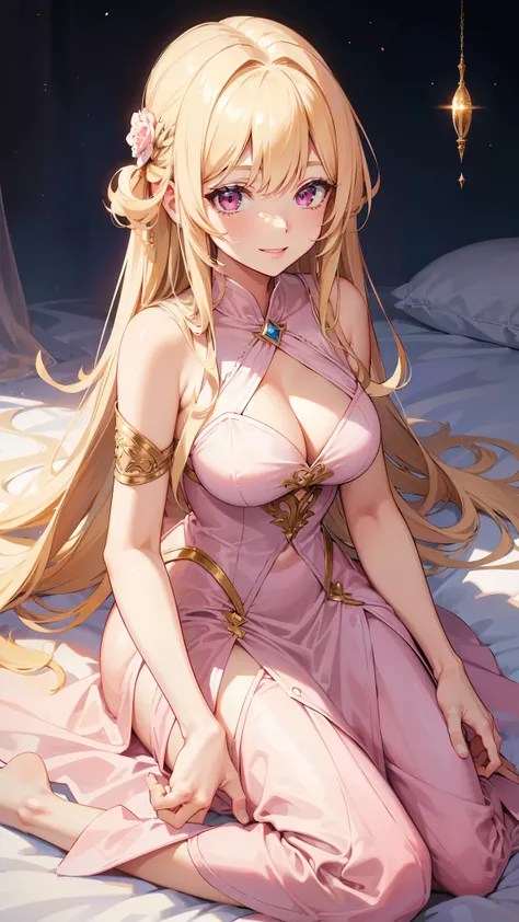 (((Adult woman))), long blonde hair, (Pink eyes), smile, magical dress