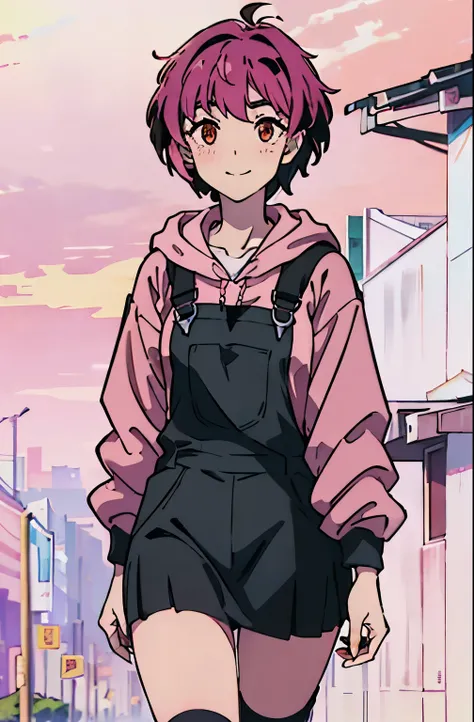 8k, original, 1girl, cute, female solo, illustration, mix, (single object), hd, absurdres, lora ((mappa studio style)), anime style, 2d, celshade style, digital art, (short hair, ((pixie cut)) hair, ((messy hair)), pink hair), wearing ((casual (pink hoodie...