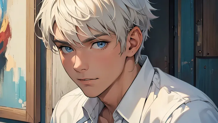 ((best quality)), ((work of art)), ((detailed)), young man, short white hair, silly expression, innocent look