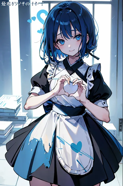 (1girl), blue hair, blue eyes, Maid Dress, (Messy Japanese Round Haircut for Thick Hair), (blue hair), ((solo)), (magazine:1.3), (cover-style:1.3), fashionable, spoken heart, heart hands, light smile, looking at viewer, very aesthetic, absurdres, rating: g...