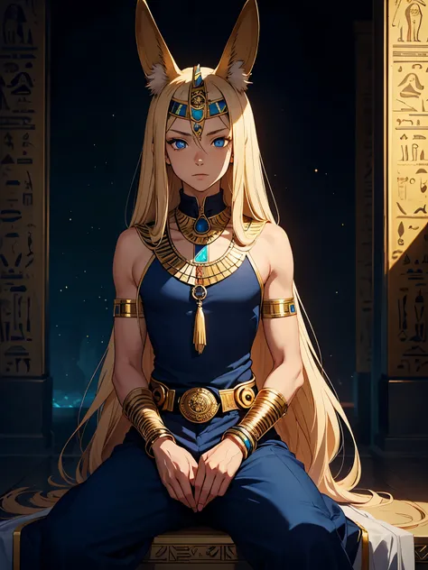 Blaue Augen. Mehr anime. Hübsch. Anubis. Anubisohren. Jackal ears with fur. Teenage boy. Egyptian deity Anubis. Egyptian clothing. long blond hair. Lots of gold jewelry. dark skin. Egyptian. dazzling blue eyes. mystical. divine.