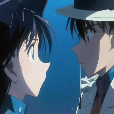 Close-up of two men in hats and tailcoats gazing at each other, shinji, boogiepop phantom, planet, Close-up of Rei Iwakura, yukio - e, アニメ, mamoru hosoda, アニメ映画のスクリーンショット, アニメの傑作, ah, アニメ静止画, 8K!, アニメ映画のスクリーンショット