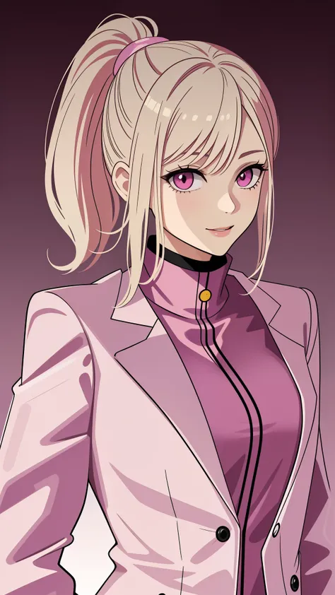 (((Adult woman))), ponytail blonde hair, (pink eyes), pink suit, smile