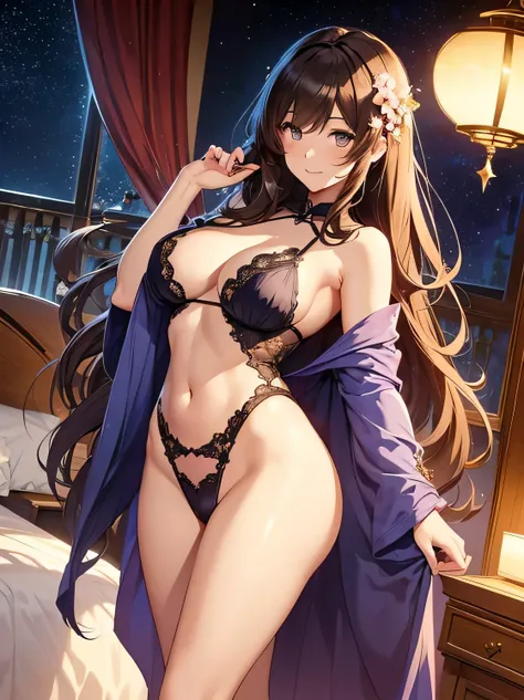 Beautiful beauty、Are standing、Femme fatale、Fujiko Mine、elegant、low angle、Beautiful eyes、Gentle atmosphere、beautiful underwear、 cowboy shot,Front symmetry、a lot of cherry blossom、brown hair、sexy、Sweat、Arms up and behind、friendly smile、hotel room、Fantastic L...