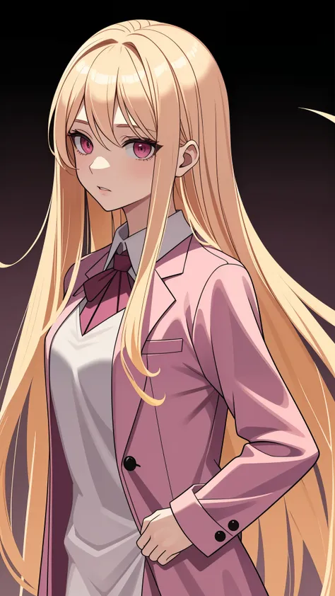 (((Adult woman))), long blonde hair, (pink eyes), pink suit