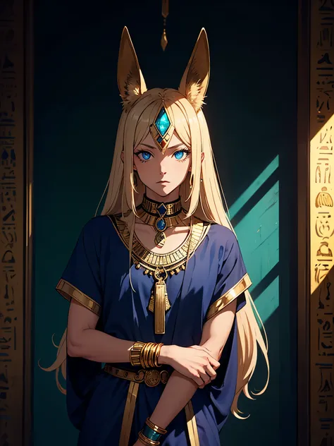 Blaue Augen. Mehr anime. Hübsch. Anubis. Anubisohren. Jackal ears with fur. Teenage boy. Egyptian deity Anubis. Egyptian clothing. long blond hair. Lots of gold jewelry. dark skin. Egyptian. dazzling blue eyes. mystical. divine.