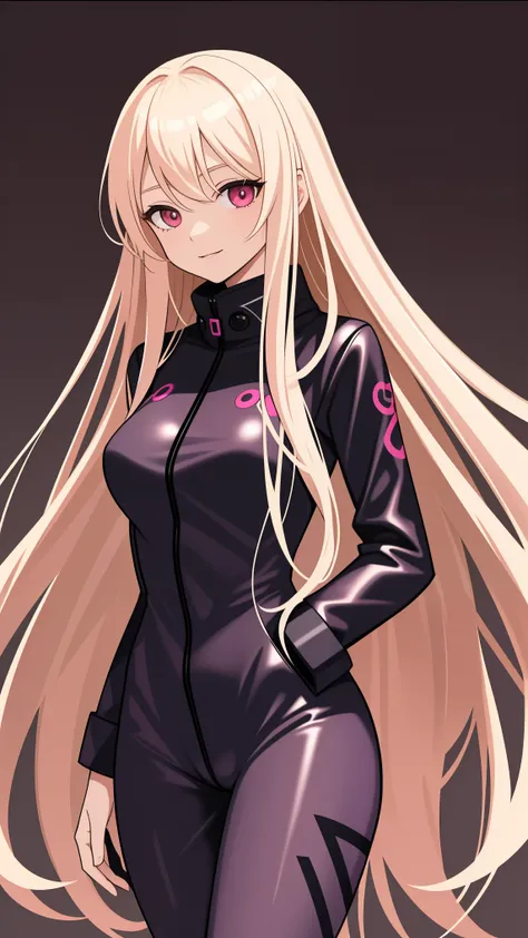 (((Adult woman))), long blonde hair, (pink eyes), (black-pink plugsuit), smile