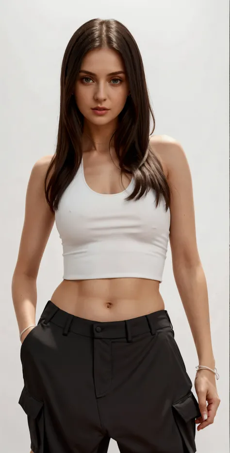 a close up of a woman in a White top and black cargo pants, top cut, white halter top, White top, wearing top cut, usando um top cropped sexy, white top, thin girl model photo, fit delicate figure, wearing a black cropped tank top, wearing tank top, 2 4 ye...