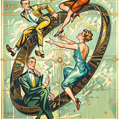 painting of a group of people in a circle with a man in a suit, enoch bolles, by Hugo Scheiber, 1940s propaganda poster, propaganda art, part leyendecker style, leyendecker style, art deco poster, leonetto cappiello, dadaism style, 1 9 3 0 style, art deco ...