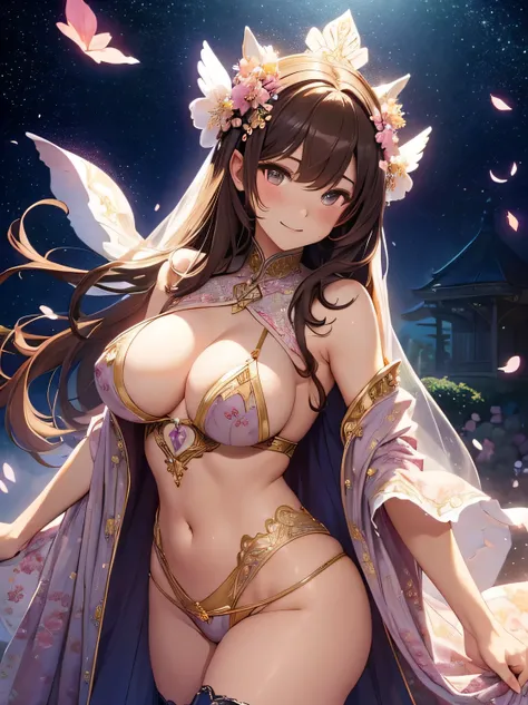 Beautiful beauty、Are standing、Femme fatale、elegant、high angle、Beautiful eyes、Gentle atmosphere、beautiful underwear、 cowboy shot,Front symmetry、a lot of cherry blossom、brown hair、sexy、Sweat、Arms up and behind、friendly smile、luxury room、Fantastic Light、magic...