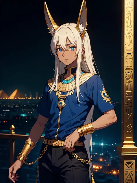 More anime style. cutie pie. アニメ! Teenage boy. Egyptian deity Anubis. Egyptian blue clothing. Blue clothes.  long blond hair. Lots of gold jewelry. dark skin. Egyptian. dazzling blue eyes. mystical. divine.