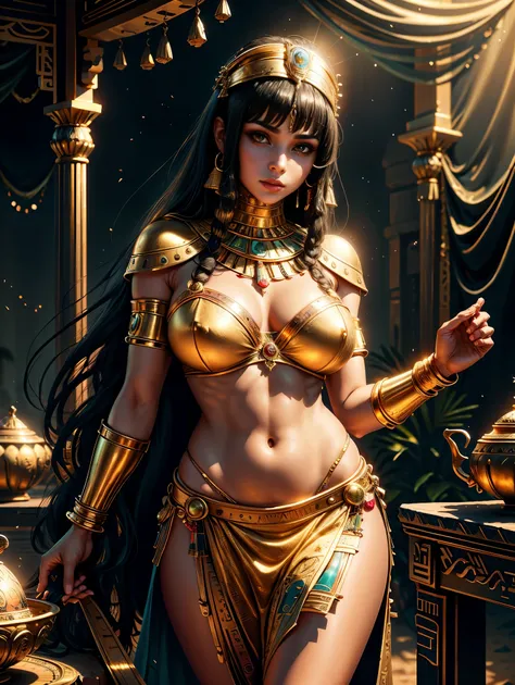 OldEgyptAI, cleopatra, Greeks, queen of Egypt, (Traditional Egyptian Wig), (beautiful detailed face and eyes:1.2), green eyes, black hair, (hair slicked back), bowl cut, light skin, finely detailed skin, medium breasts, (Egyptian costumes rich in gold and ...