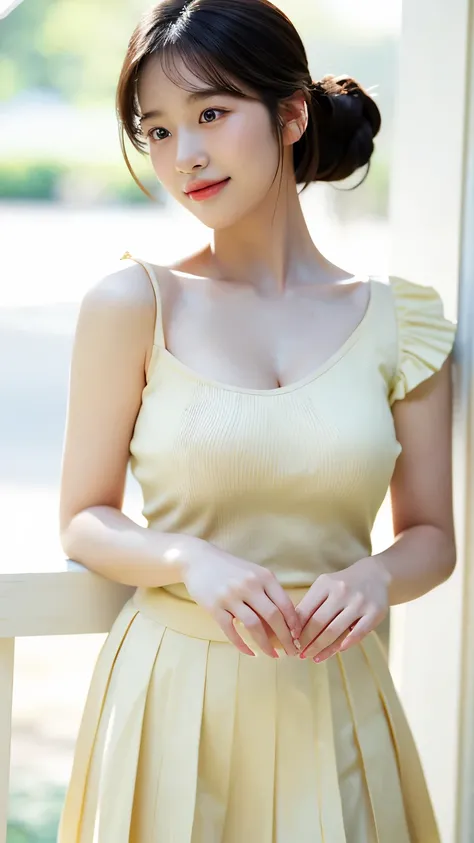 IU, (photo-realistic:1.6), gentle sunlight, cinematic light, beautiful girl, half-body photo, (feminine smile), most realistic, charm, highest quality, masterpiece, 8k ultra, best quality, pretty face, girly hairstyle, a cheerful and cute girl, (feminine a...