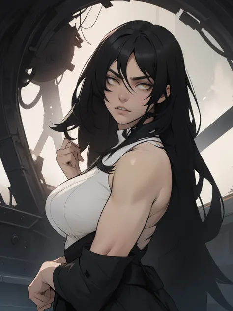 expressionless very long hair pale skin black hair yellow eyes muscular girl thick breasts dark atmosphere somber atmosphere dark atmosphere somber atmosphere dark atmosphere somber atmosphere dark atmosphere somber atmosphere 