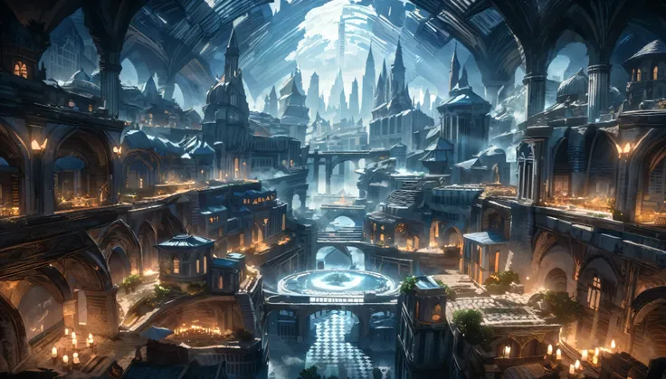  anime aestetics, anime scenery,( unerground city:2), medieval city, shining celling,( blue and grey colours: 2), mystic city, gothic architecture, multy leveled city, elden ring, dark fantasy, dnd, beautiful scenery, nokron, dim light, white candles, wide...