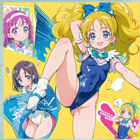 8-year-old、pretty girl、(PreCure high leg leotard:1.3)、Happy smile、Beautiful background、 Four Girls、Emphasizing  pussy、Enhanced nipples