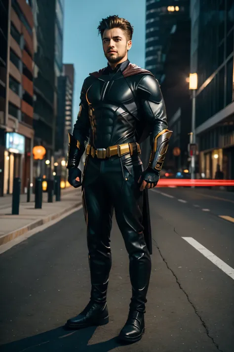 heroi stark, Hero, super Hero, armour, realisitic, traje de Hero masculino, foto realisitic, style series The boys, muscular hero, Captain America costume, Batman, flash, wolverine, dark color costume, leather outfit, stark, filme de super Hero, traje de s...