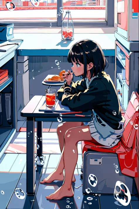 Line art, 
One Girl, alone, short hair, Black Hair, Long sleeve, Sitting, barefoot, indoor, Food, barefoot, Telephone, table, Raise your knees, desk work, fish, bubble, Underwater, Air bubbles,