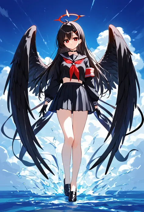 ichikanakamasa, ichika nakamasa, ahoge, black hair, black wings, feathered wings, hair ornament, hairclip, halo, long hair, low wings, red halo, wings,
BREAK armband, black choker, black gloves, black sailor collar, black serafuku, black skirt, choker, glo...