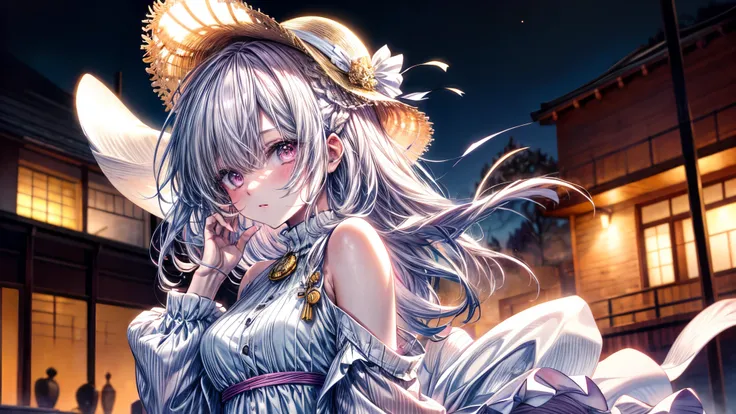 4K anime style quality,digital drawing mode,cute Moe anime cute female,wearing Fringe raffia paper hat ,Flashy fashion,wearing wool and silk dress at night,gold accessories,Blur the background to create a three-dimensional effect, atmosphere,sauna,beautifu...