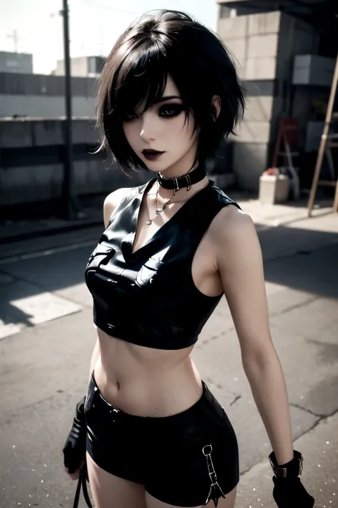 1girl, woman, emo_hairstyle, black lipstick, dog collar, eyeliner, eye shadow, smoky eyes, realistic lighting, short hair, stand...