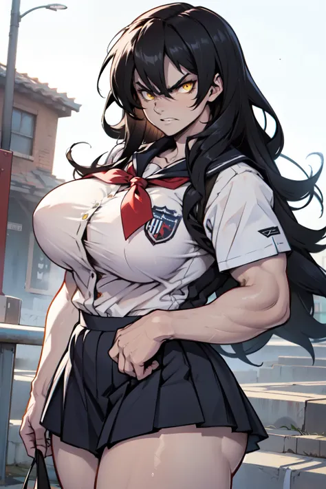 ((1girl)), black hair, extremely long hair, yellow eyes, ((muscular)), huge breasts, thick thighs, solo, angry, (pale skin), cowboy shot, (school uniform) (huge breasts)